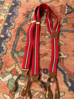 Men’s Red Suspenders New - 40” Adjustable - Green Navy Yellow Stripes Leather
